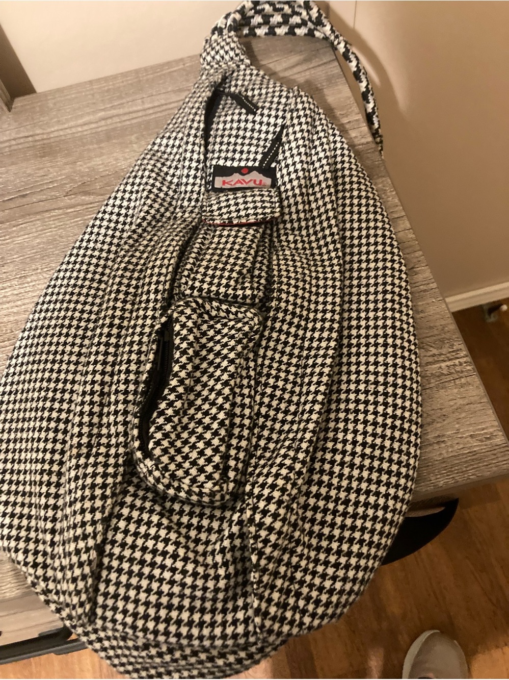 Kavu Black and White Houndstooth Sling Backpack